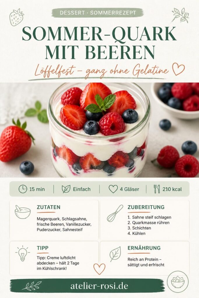 Sommer-Quark mit Beeren im Glas, löffelfest ohne Gelatine – Pinterest-Rezeptkarte