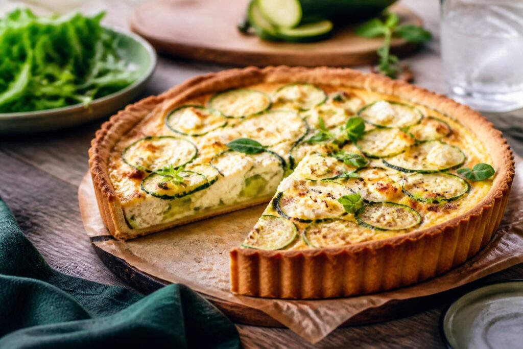Sommer-Quiche mit Zucchini und Feta auf einem knusprigen Mürbeteig-Boden, frisch aus dem Ofen, dekoriert mit frischem Thymian