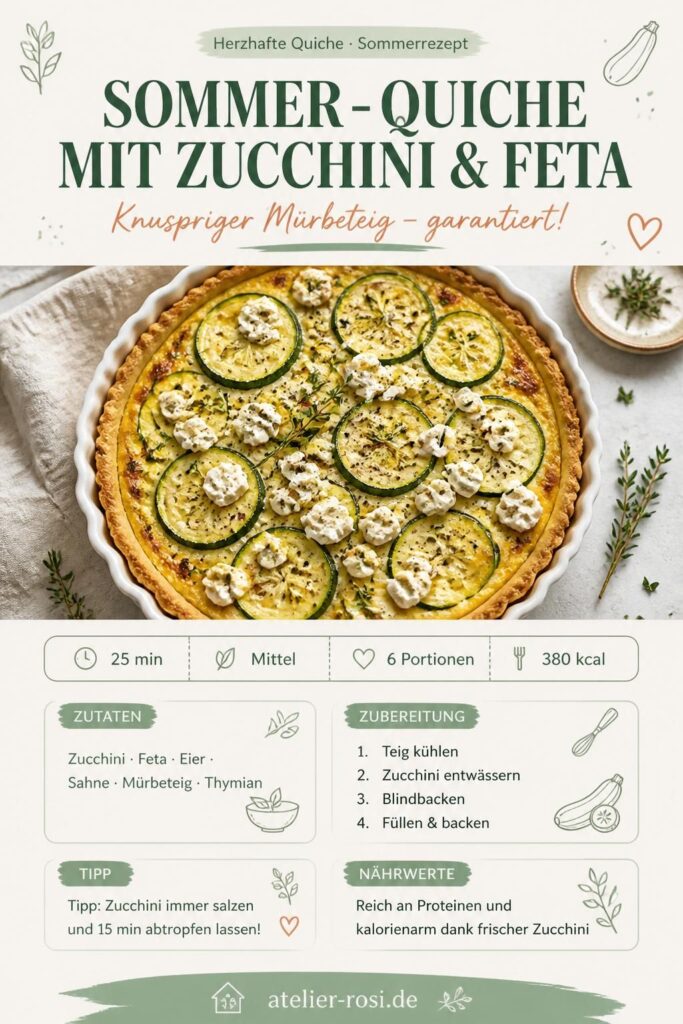 Sommer-Quiche mit Zucchini und Feta auf knusprigem Mürbeteig-Boden, bereit zum Servieren