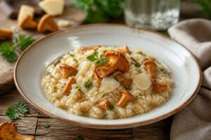 Sommer-Risotto mit goldgelben Pfifferlingen in einem cremigen Parmesan-Risotto, angerichtet in einem tiefen Teller mit frischer Petersilie
