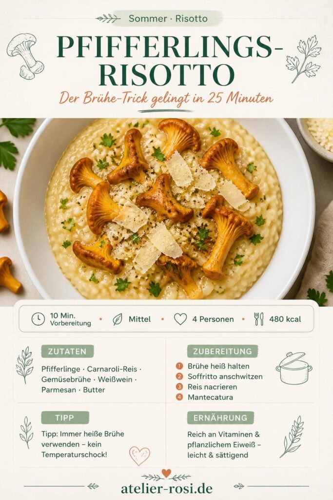 Sommer-Risotto mit Pfifferlingen – cremiges Rezept nach Alexander Herrmanns Brühe-Trick, angerichtet in einem tiefen Teller