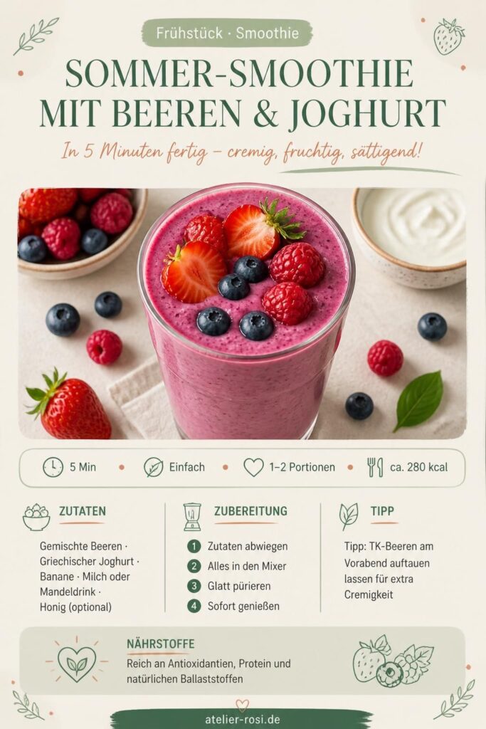 Sommer-Smoothie mit Beeren und Joghurt im Glas – Pinterest-Rezeptkarte