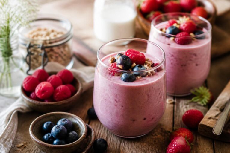 Sommer-Smoothie mit Beeren und Joghurt, das schnelle Frühstück gelingt in der Mixerschüssel in 5 Minuten