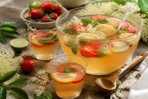 Alkoholfreie Holunder-Sommerbowle mit Wassermelone, Minze und Limette in einer großen Glasschüssel auf einem Gartentisch