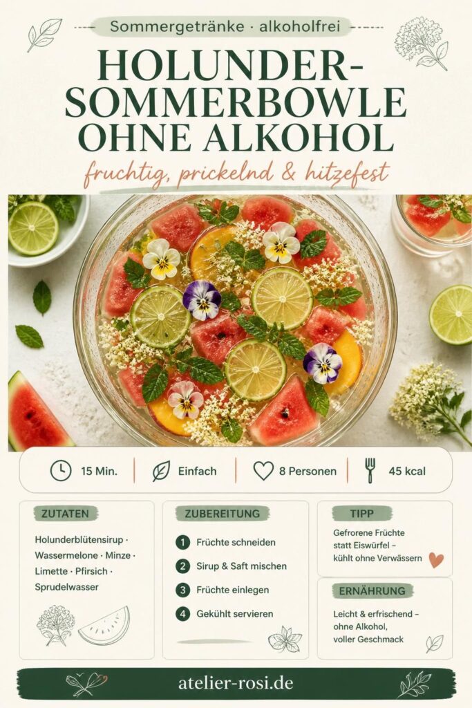 Alkoholfreie Holunder-Sommerbowle mit Wassermelone und Minze – Pinterest-Bild