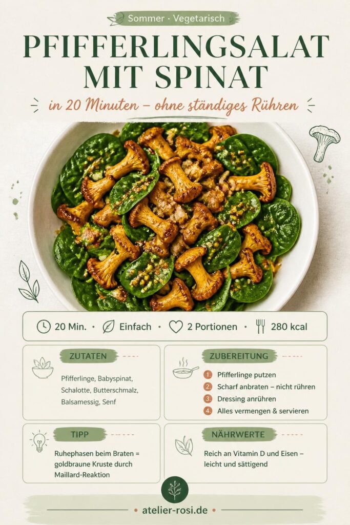 Lauwarmer Pfifferlingsalat mit Babyspinat – Pinterest-Bild zum Speichern