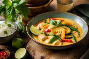 Leichtes Thai-Curry mit Hähnchen, Zucchini, Paprika und Zuckerschoten in einer cremigen Kokossauce, serviert mit Jasminreis in einer weißen Schüssel