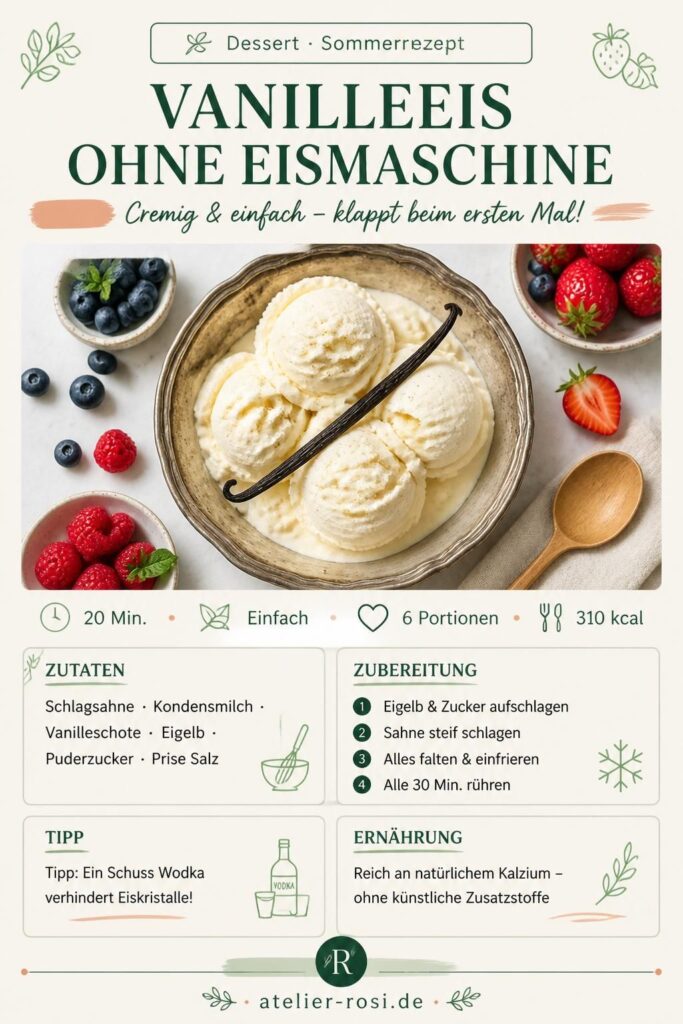 Pinterest-Bild: Cremiges Vanilleeis ohne Eismaschine mit echter Vanilleschote in einer Metallschale