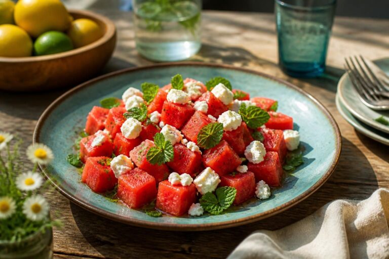 Wassermelonen-Feta-Salat mit frischer Minze, roten Zwiebeln und Limetten-Dressing in einer hellen Schüssel, von oben fotografiert