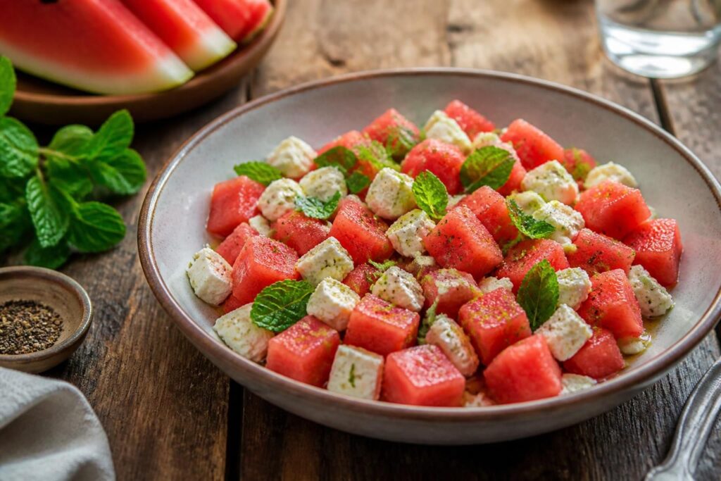 Wassermelonen-Feta-Salat mit frischer Minze und Limettendressing in einer weißen Schüssel, von oben fotografiert