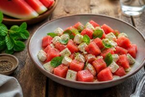 Wassermelonen-Feta-Salat mit frischer Minze und Limettendressing in einer weißen Schüssel, von oben fotografiert