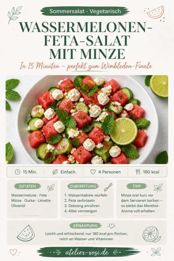 Wassermelonen-Feta-Salat mit frischer Minze und Limettendressing – Pinterest Rezeptkarte