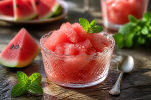 Wassermelonen-Granité ohne Eismaschine in einer gekühlten Glasschale, mit frischer Minze garniert und einer Prise Meersalz obenauf