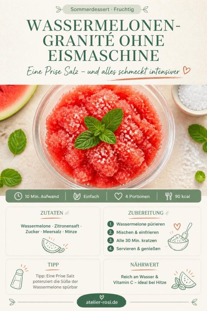 Wassermelonen-Granité ohne Eismaschine in einer Glasschale mit Minze und Meersalz – Pinterest-Rezeptkarte