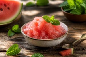 Wassermelonen-Granité in einer Glasschale auf einem hellen Holztisch, garniert mit frischer Minze und Limettenscheiben