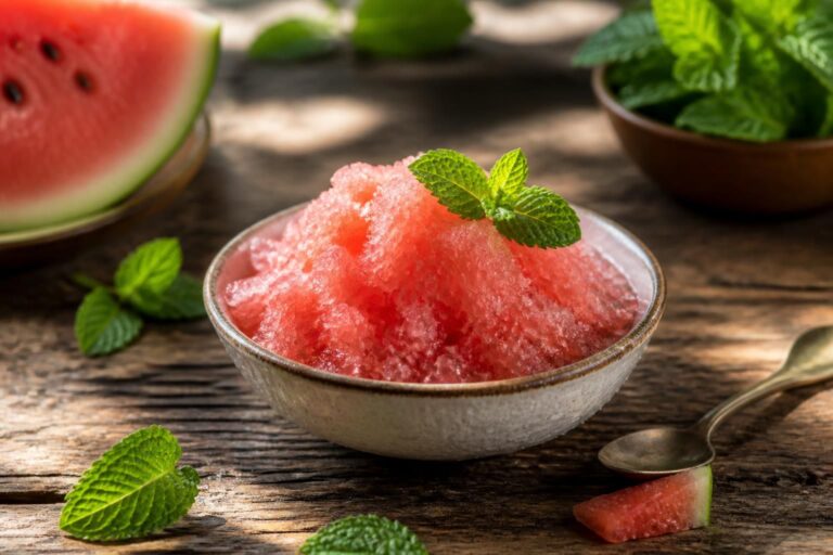 Wassermelonen-Granité in einer Glasschale auf einem hellen Holztisch, garniert mit frischer Minze und Limettenscheiben