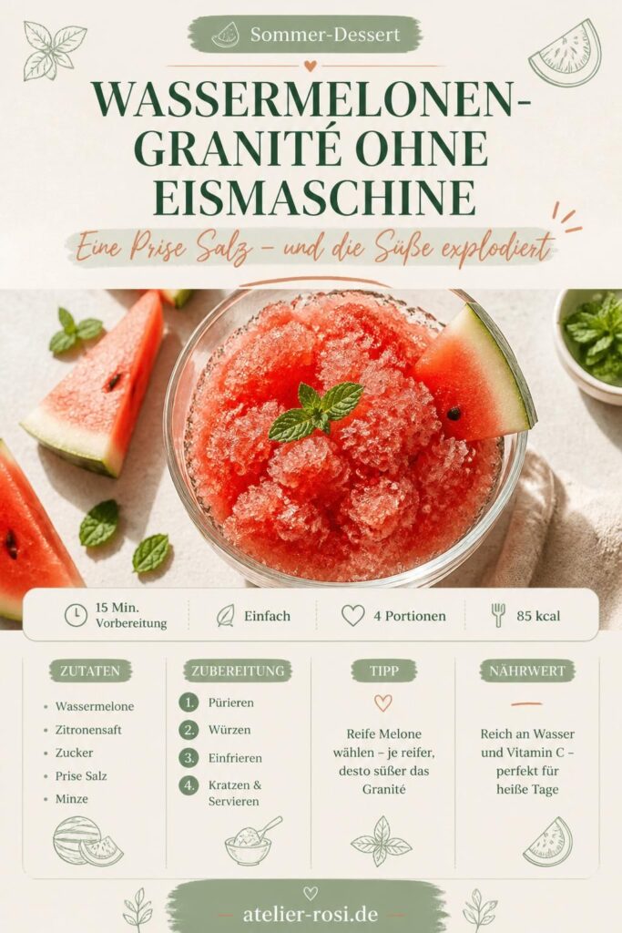 Wassermelonen-Granité ohne Eismaschine in einer Glasschale mit Minze, Pinterest-Pin