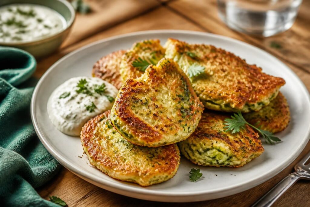 Knusprige Zucchinipuffer aus dem Backofen auf Backpapier, goldbraun gebacken, mit Tzatziki und frischen Kräutern