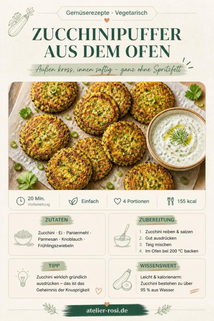 Knusprige Zucchinipuffer aus dem Backofen auf Backpapier mit Kräutern und Tzatziki