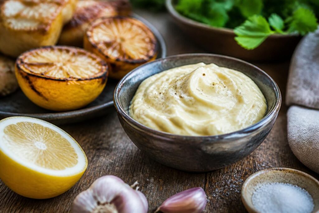 Hausgemachte Aioli in einer kleinen Schüssel mit frischem Knoblauch und Zitrone auf einem Holzbrett – perfekt für den Grillabend