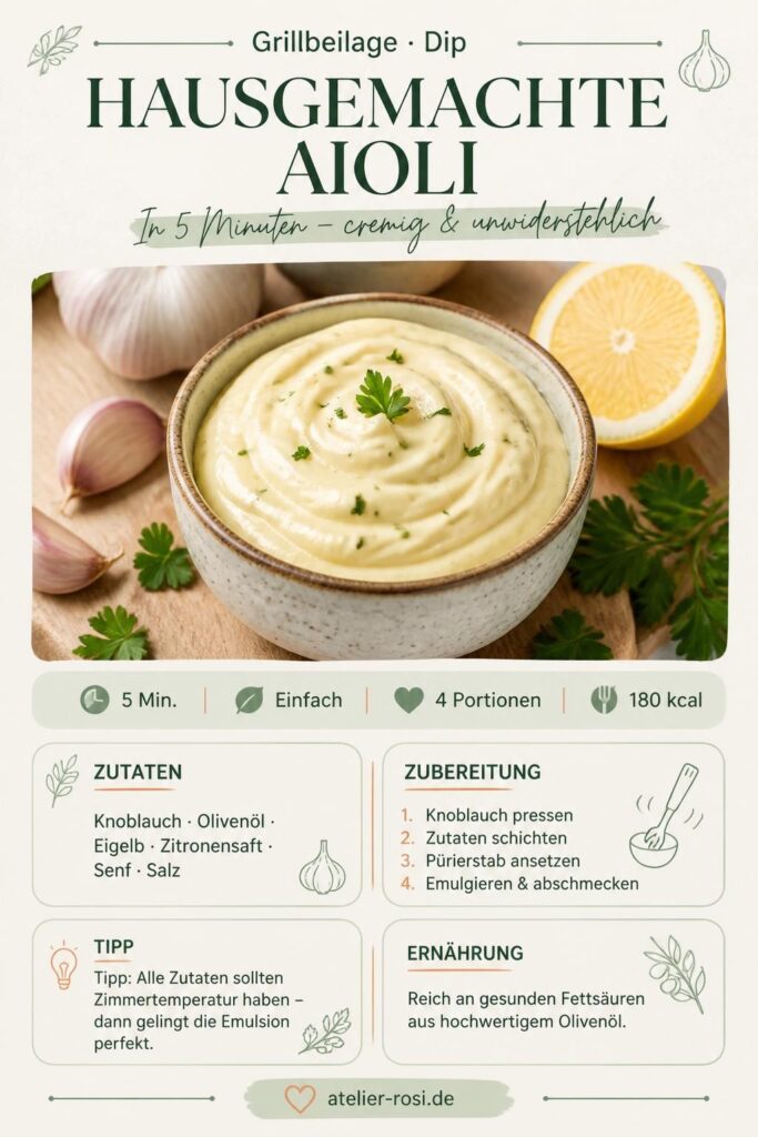 Hausgemachte Aioli – cremiger Knoblauchdip für den Grillabend, Pinterest-Rezeptkarte