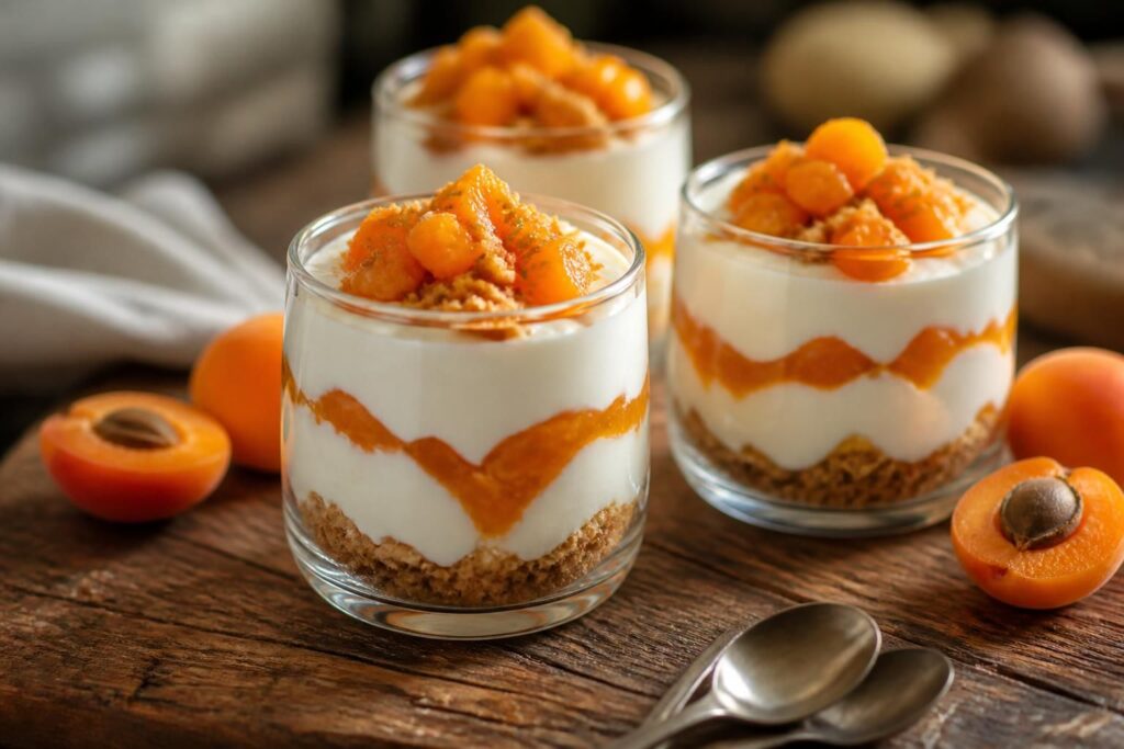 Aprikosen-Cheesecake im Glas ohne Backen – löffelfeste Frischkäse-Creme mit frischen Aprikosen und Keksboden, geschichtet in kleinen Gläsern