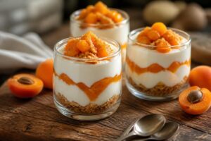 Aprikosen-Cheesecake im Glas ohne Backen – löffelfeste Frischkäse-Creme mit frischen Aprikosen und Keksboden, geschichtet in kleinen Gläsern