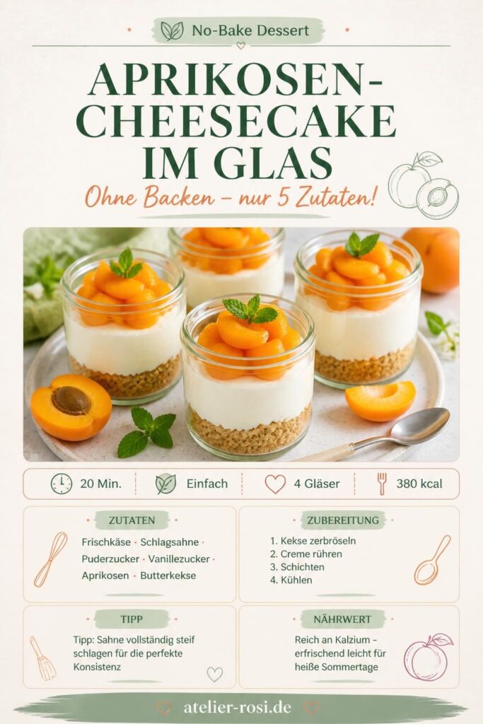 Aprikosen-Cheesecake im Glas ohne Backen – Pinterest-Bild mit Schichten aus Keksboden, Frischkäse-Creme und frischen Aprikosen