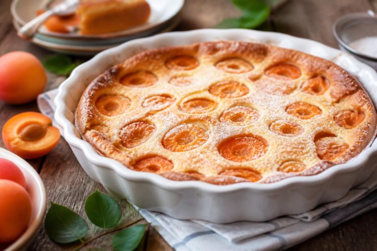 Aprikosen-Clafoutis frisch aus dem Ofen in einer runden Backform, goldbraun gebacken mit halbierten Aprikosen, bestäubt mit Puderzucker