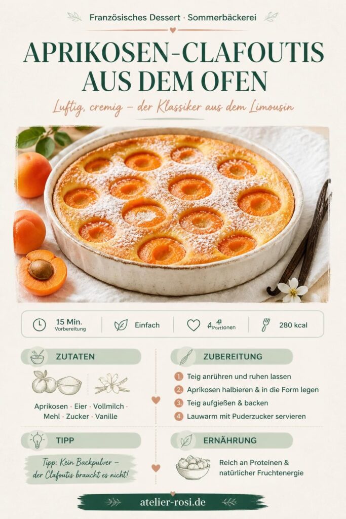 Aprikosen-Clafoutis aus dem Ofen auf einem Leinentuch, goldbraun und mit Puderzucker bestäubt – Pinterest-Grafik