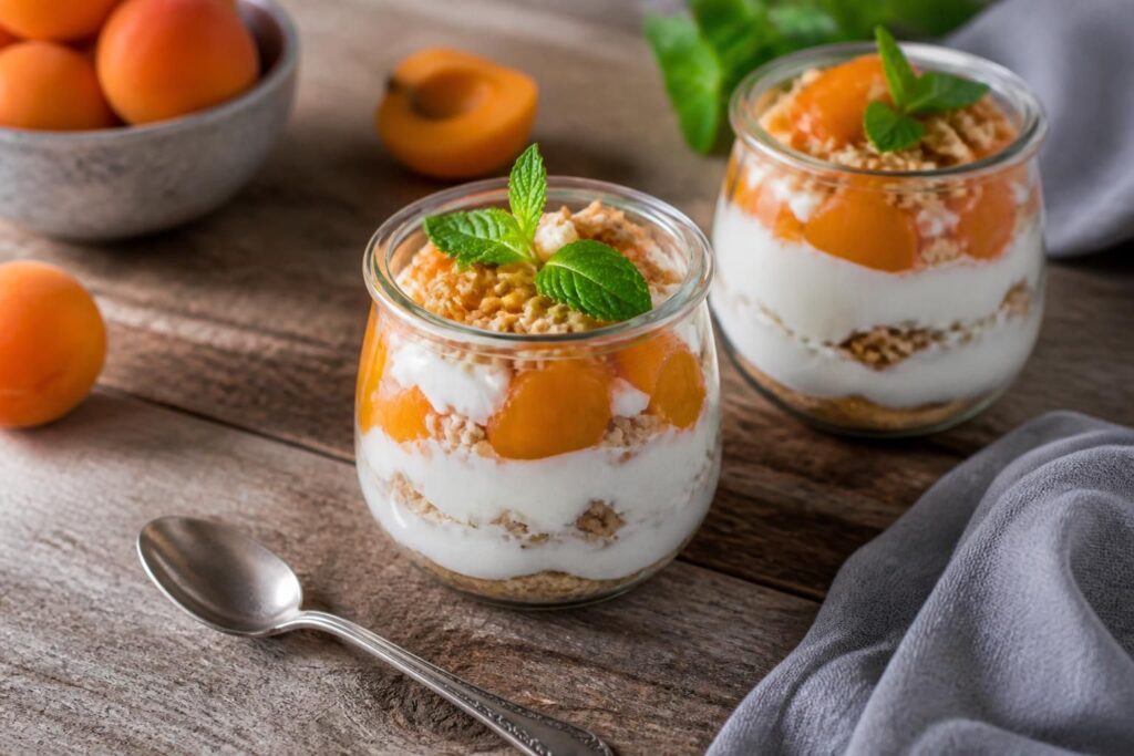 Aprikosen-Joghurt-Dessert im Glas mit sichtbaren Schichten aus Aprikosenkompott, cremiger Joghurt-Quark-Creme und Knuspermüsli, von oben fotografiert auf hellem Holzuntergrund