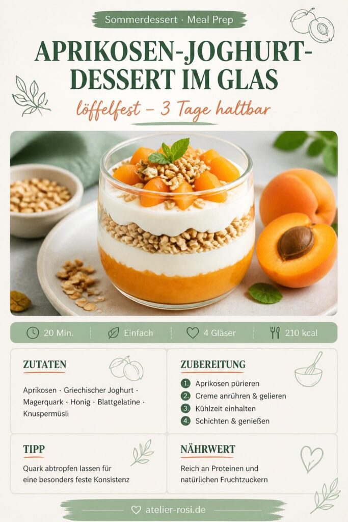 Aprikosen-Joghurt-Dessert im Glas mit sichtbaren Schichten, Pinterest-Pin von atelier-rosi.de