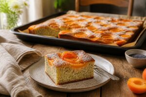 Aprikosen-Mohnkuchen vom Blech ohne Butter, saftig und goldgelb gebacken, mit frischen Aprikosenhälften auf dem Mohnbelag