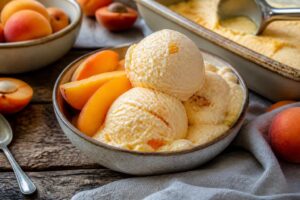 Cremiges Aprikosen-Quark-Eis in einer Schale, garniert mit frischen Aprikosenstücken und einem Minzblatt