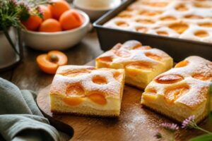 Aprikosen-Quark-Kuchen vom Blech, frisch aus dem Ofen, mit goldbraunem Mürbteigboden und saftigen Aprikosenhälften auf cremiger Quarkmasse