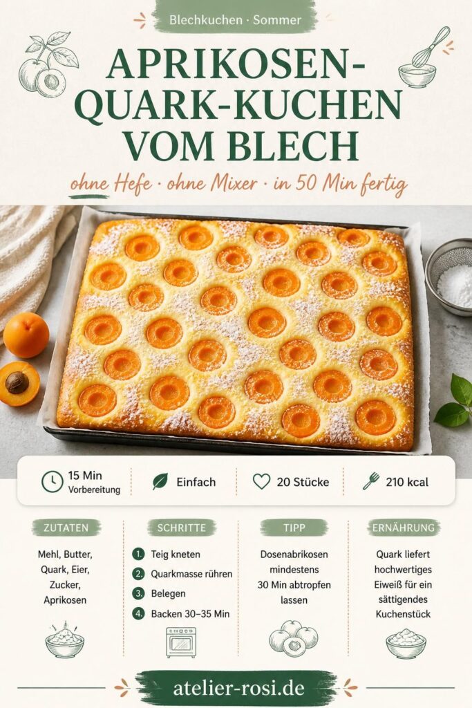 Aprikosen-Quark-Kuchen vom Blech ohne Hefe – Pinterest-Pin mit Rezept und Zutaten