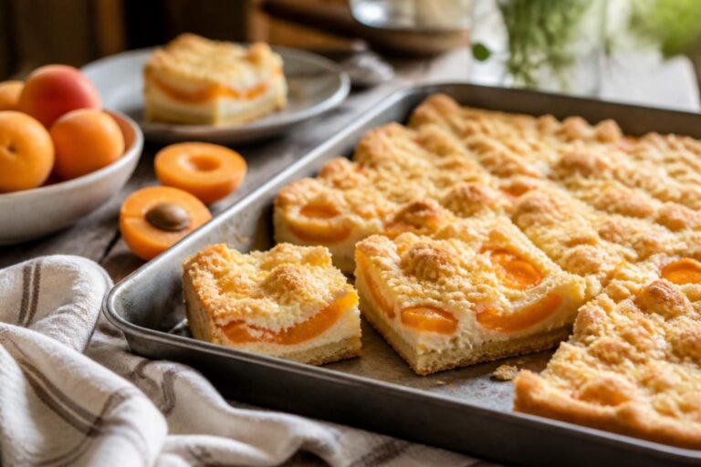 Aprikosen-Streuselkuchen mit Pudding vom Blech, goldbraune Streusel, frische Aprikosen, auf einem hellen Holztisch