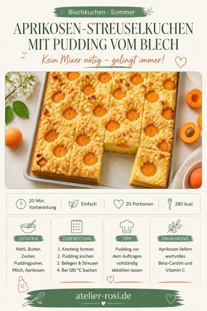 Aprikosen-Streuselkuchen mit Pudding vom Blech, goldbraune Streusel, Pinterest-Rezeptkarte