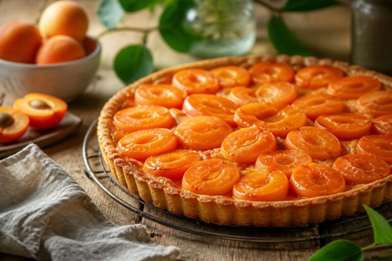 Aprikosen-Tarte mit knusprigem Mürbeteigboden, goldgelber Mandelcreme und frischen Aprikosen, von oben fotografiert auf hellem Holzuntergrund