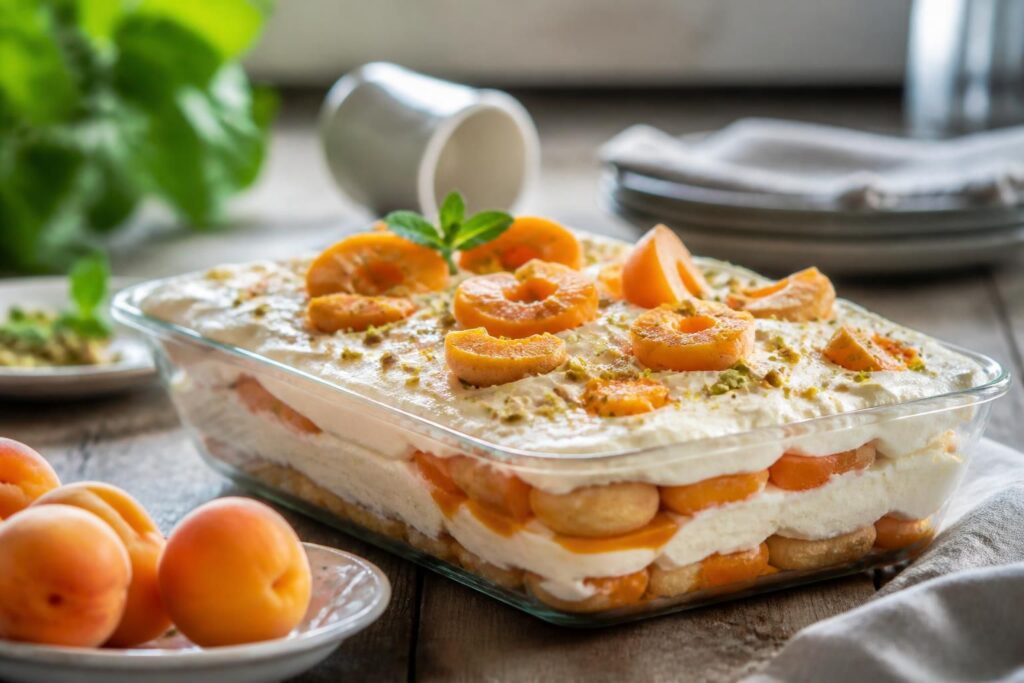 Aprikosen-Tiramisu ohne Gelatine mit Joghurt-Mascarpone-Creme, geschichtet in einer Auflaufform, dekoriert mit frischen Aprikosenscheiben und Kakao