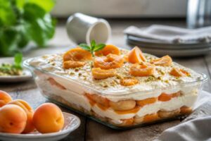 Aprikosen-Tiramisu ohne Gelatine mit Joghurt-Mascarpone-Creme, geschichtet in einer Auflaufform, dekoriert mit frischen Aprikosenscheiben und Kakao