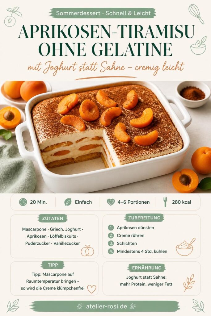 Aprikosen-Tiramisu ohne Gelatine mit Joghurt-Mascarpone-Creme auf einem Holztisch, Pinterest-Pin