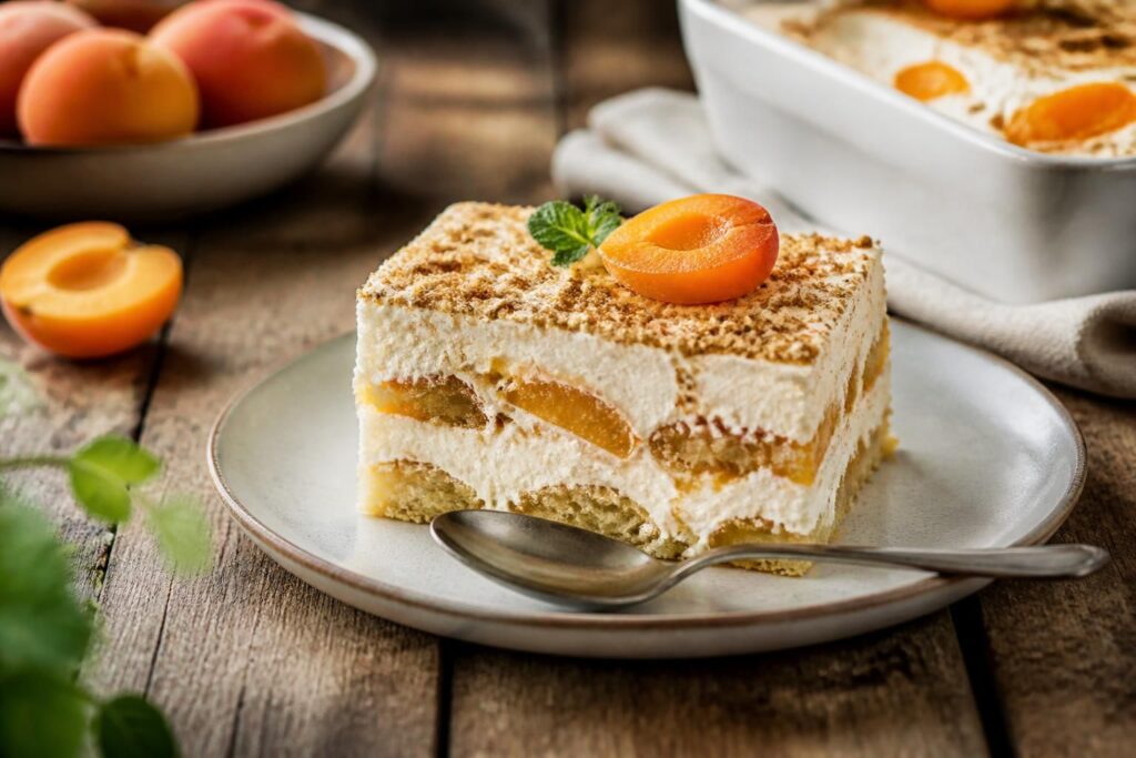 Aprikosen-Tiramisu ohne Ei in einer Glasschale, mit cremiger Mascarpone-Schicht und goldgelben Aprikosen, garniert mit frischen Aprikosenscheiben