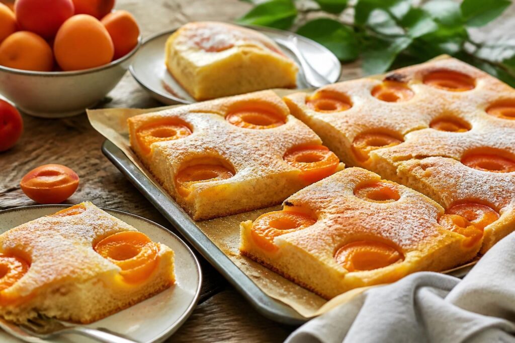 Saftiger Aprikosenkuchen vom Blech mit frischen Aprikosen auf goldenem Rührteig, frisch aus dem Ofen
