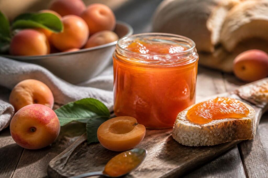 Sechs Gläser selbstgemachter Aprikosenmarmelade mit dem 60:40-Rezept, goldgelb und glänzend, auf einem Holzbrett mit frischen Aprikosen daneben