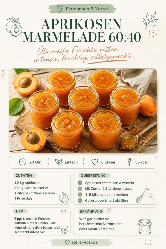 Aprikosenmarmelade 60:40 – überreife Früchte einkochen, selbstgemachte Konfitüre in Gläsern