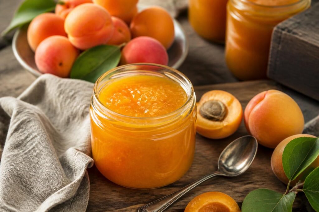 Selbst gemachte Aprikosenmarmelade ohne Gelierzucker in einem Twist-off-Glas, daneben frische und sehr reife Aprikosen auf hellem Holzbrett