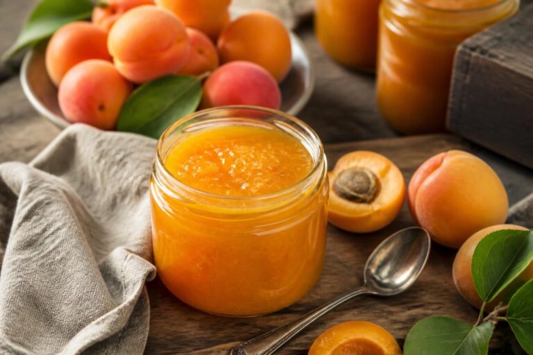 Selbst gemachte Aprikosenmarmelade ohne Gelierzucker in einem Twist-off-Glas, daneben frische und sehr reife Aprikosen auf hellem Holzbrett