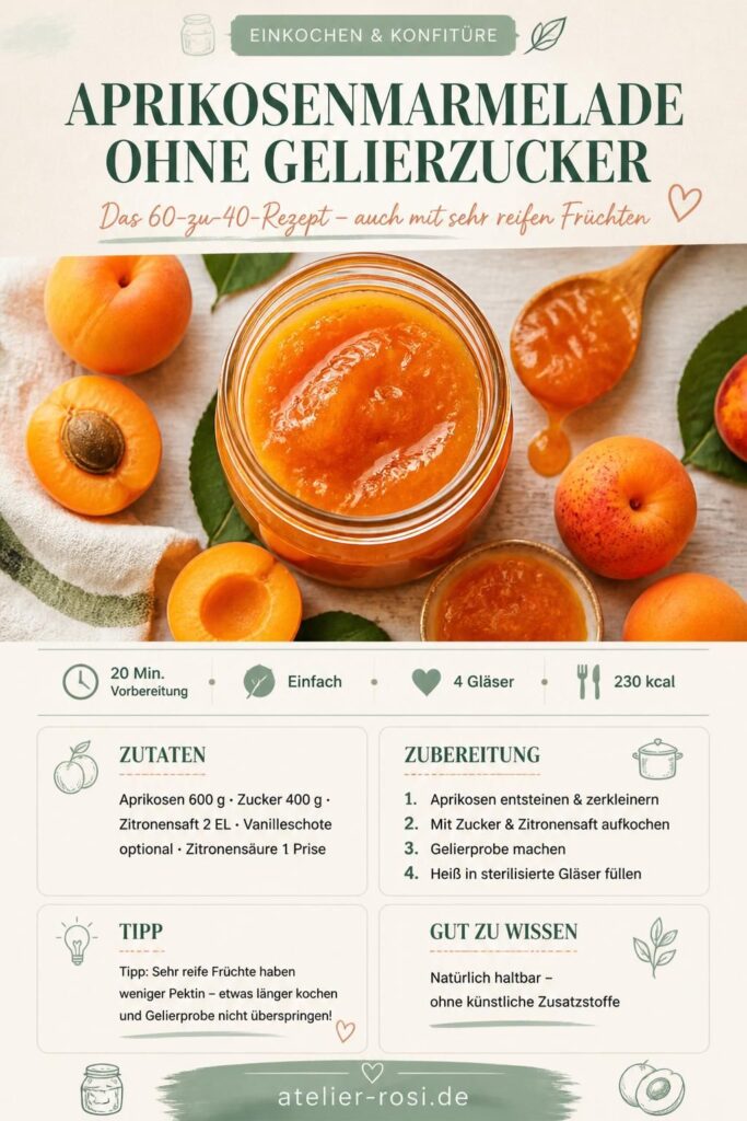 Aprikosenmarmelade ohne Gelierzucker im Glas, daneben frische Aprikosen auf hellem Holz