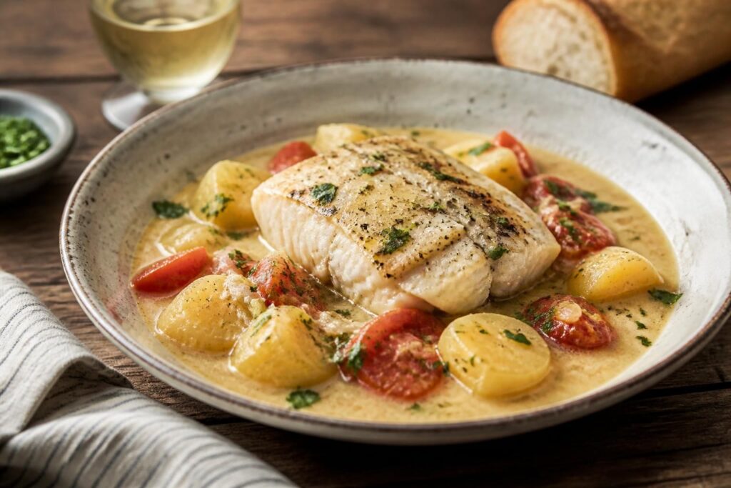 In Milch geschmorter Bacalao mit Tomaten und Kartoffeln in einer Auflaufform, goldbraun gebacken, mediterran angerichtet